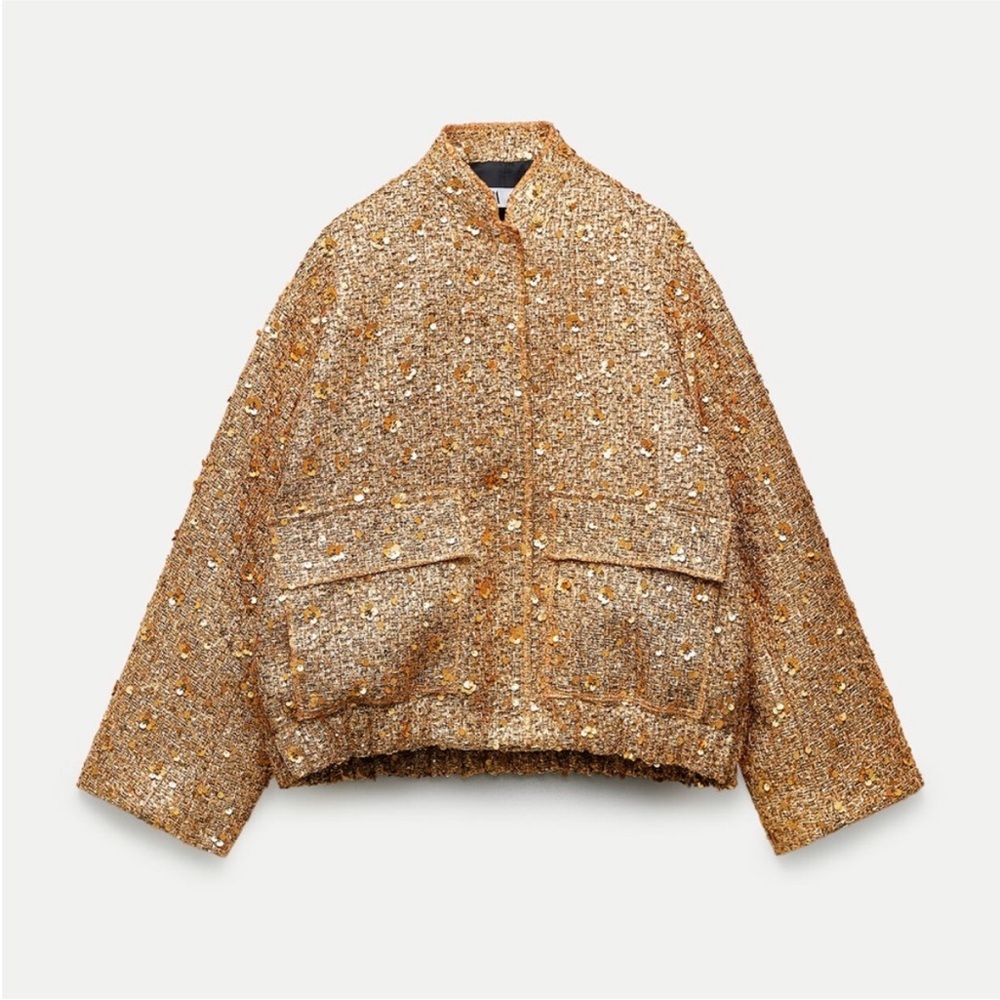 Zara Gold Bomber Jacket with Sequin Embellishments